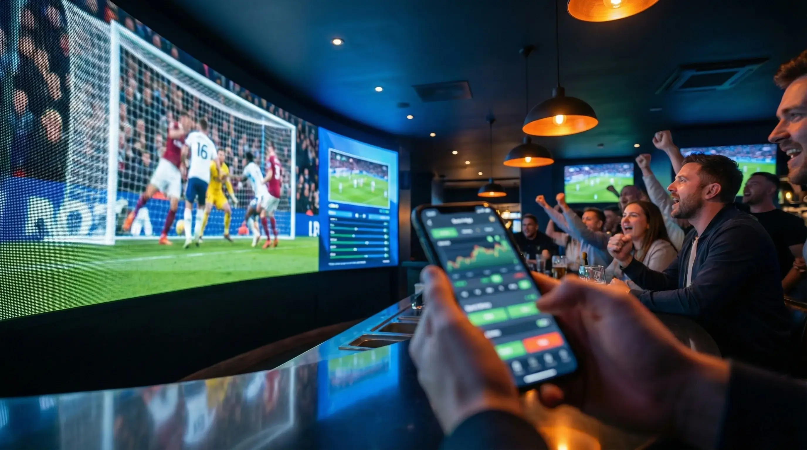 Pessoa a acompanhar apostas ao vivo num smartphone enquanto assiste a um jogo de futebol em directo