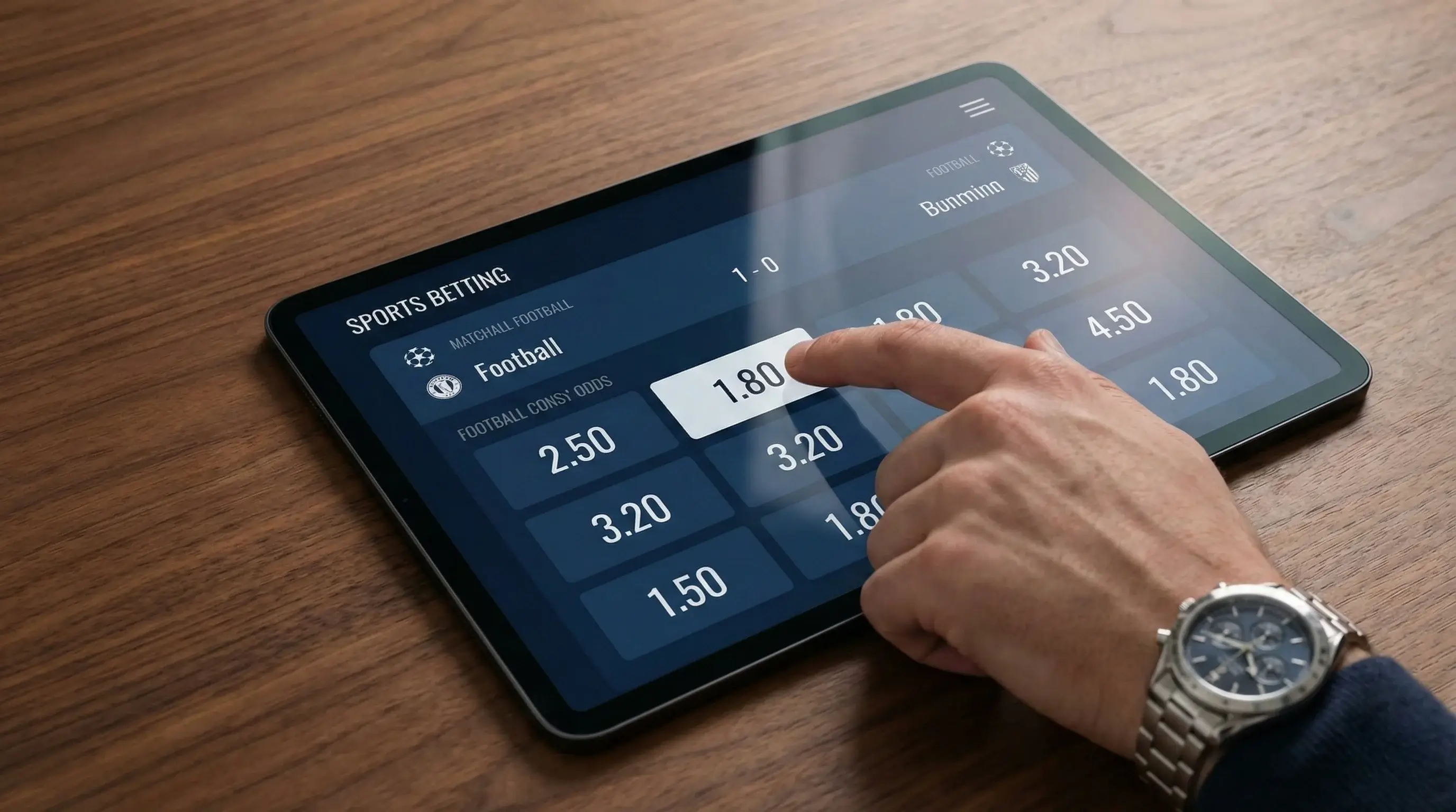 Interface de apostas com odds decimais num tablet moderno