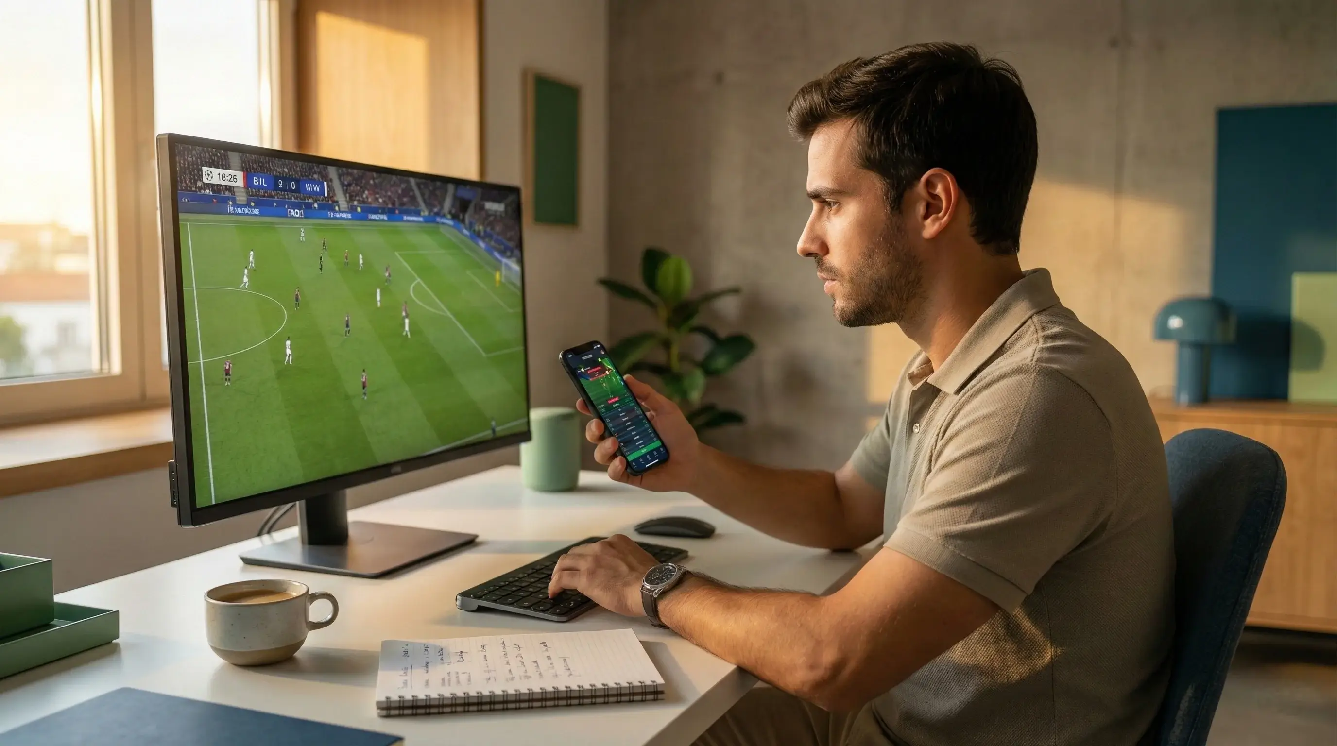 Apostador profissional a analisar estatísticas desportivas num ambiente moderno de escritório em casa